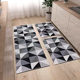 Tapete Kit de Cozinha Antiderrapante 3 Peças Mesclado Geométrico Conjunto Passadeira 1,30m x 45cm Capacho 65cm x 45cm Jogo Artesanal Cru Caramelo Preto (Mosaico)