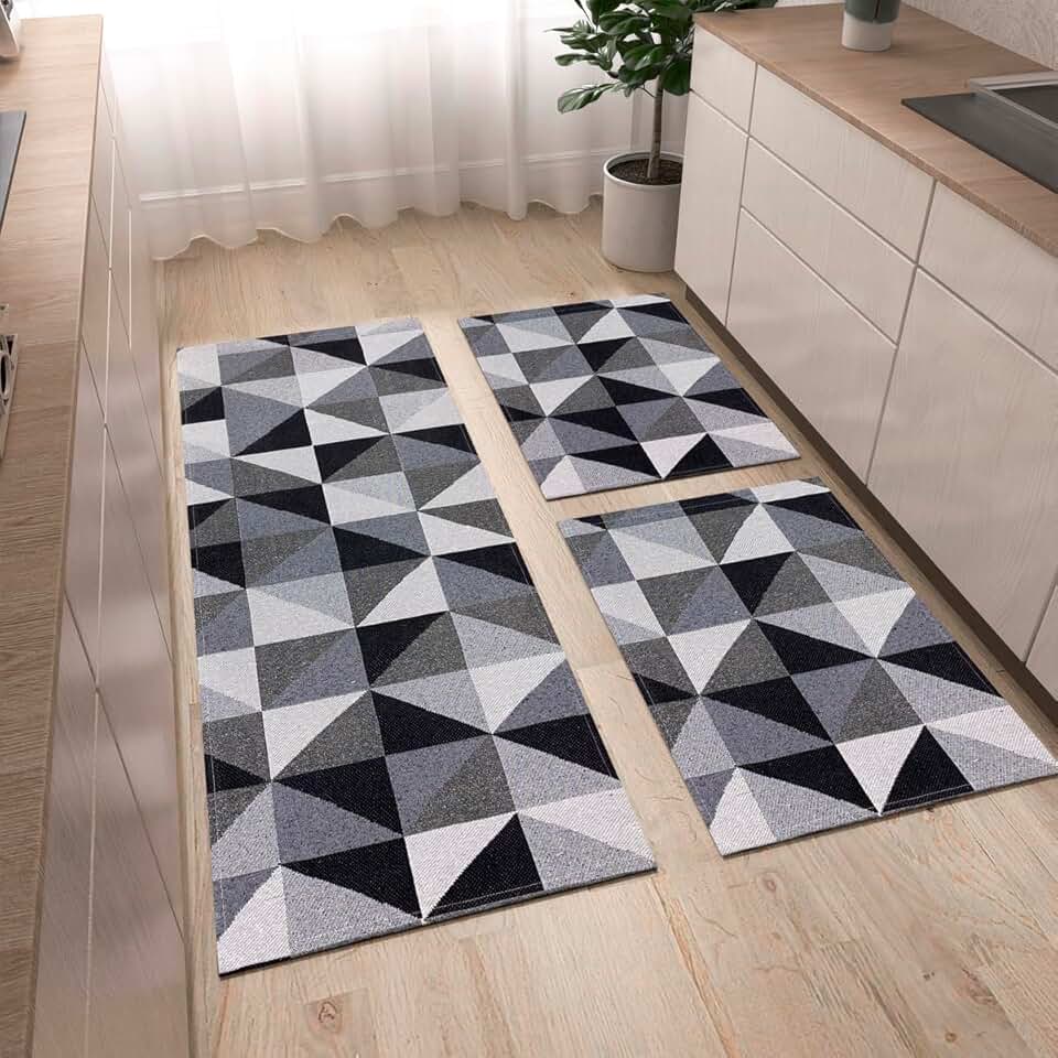 Tapete Kit de Cozinha Antiderrapante 3 Peças Mesclado Geométrico Conjunto Passadeira 1,30m x 45cm Capacho 65cm x 45cm Jogo Artesanal Cru Caramelo Preto (Mosaico)