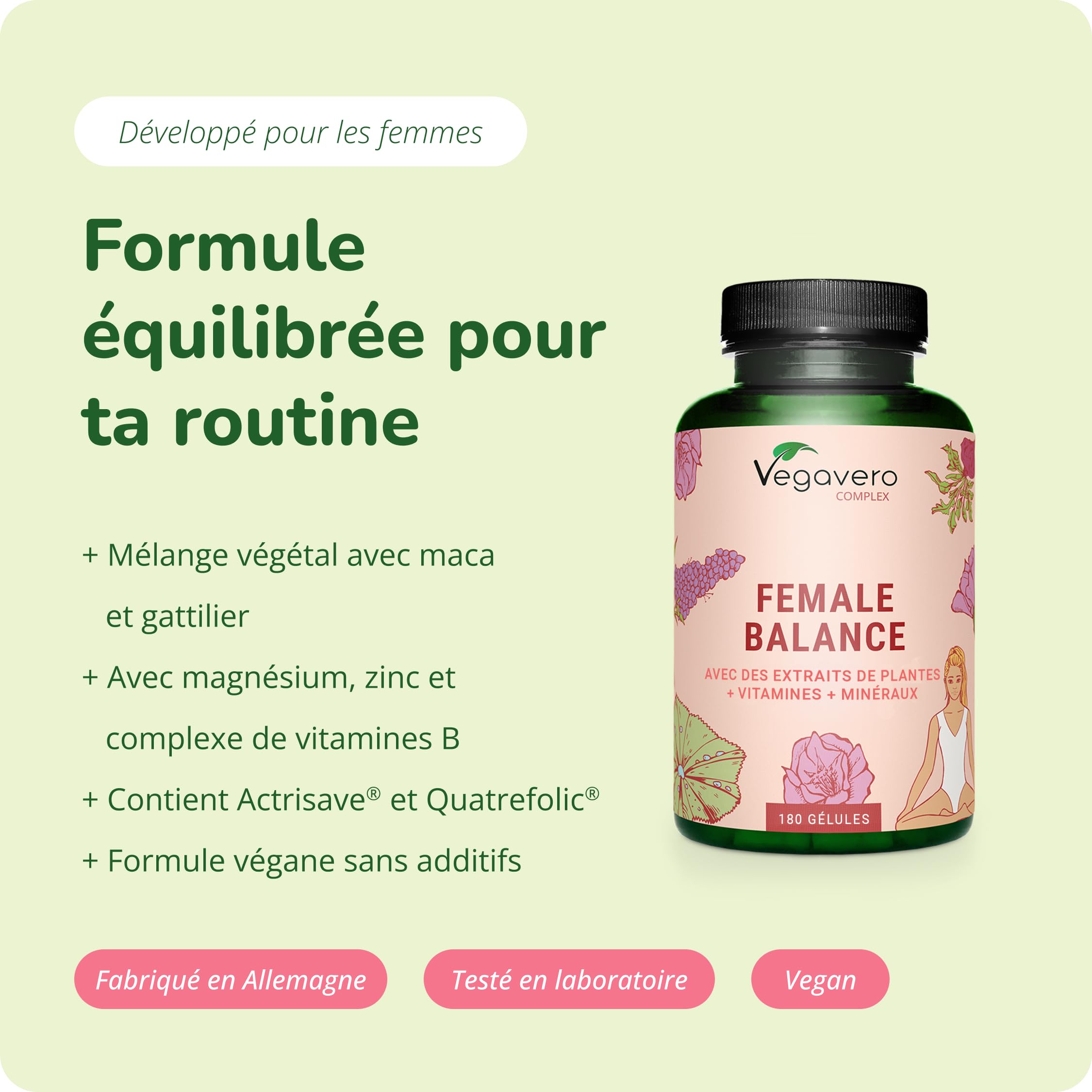 Vegavero Reequilibrage Hormonal Femme | Avec Gattilier, Maca, Acide Folique | SPM + Dérèglement Hormone œstrogène | 180 Gélules | Vegan & Sans Additifs