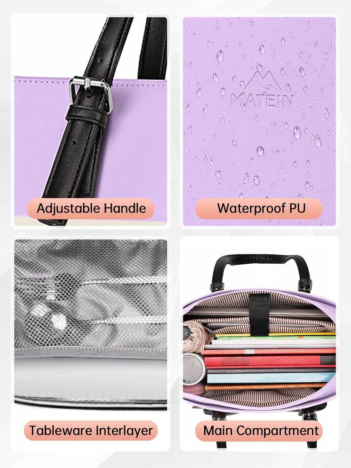 MATEIN Work Tote with Lunch Compartment, PU Leather 15.6 Inch Laptop Lunch Bags, Lightweight Lunch Purse Women with Laptop Compartment for Travel, Picnic, Ladies Gift, Light Purple - Image 8