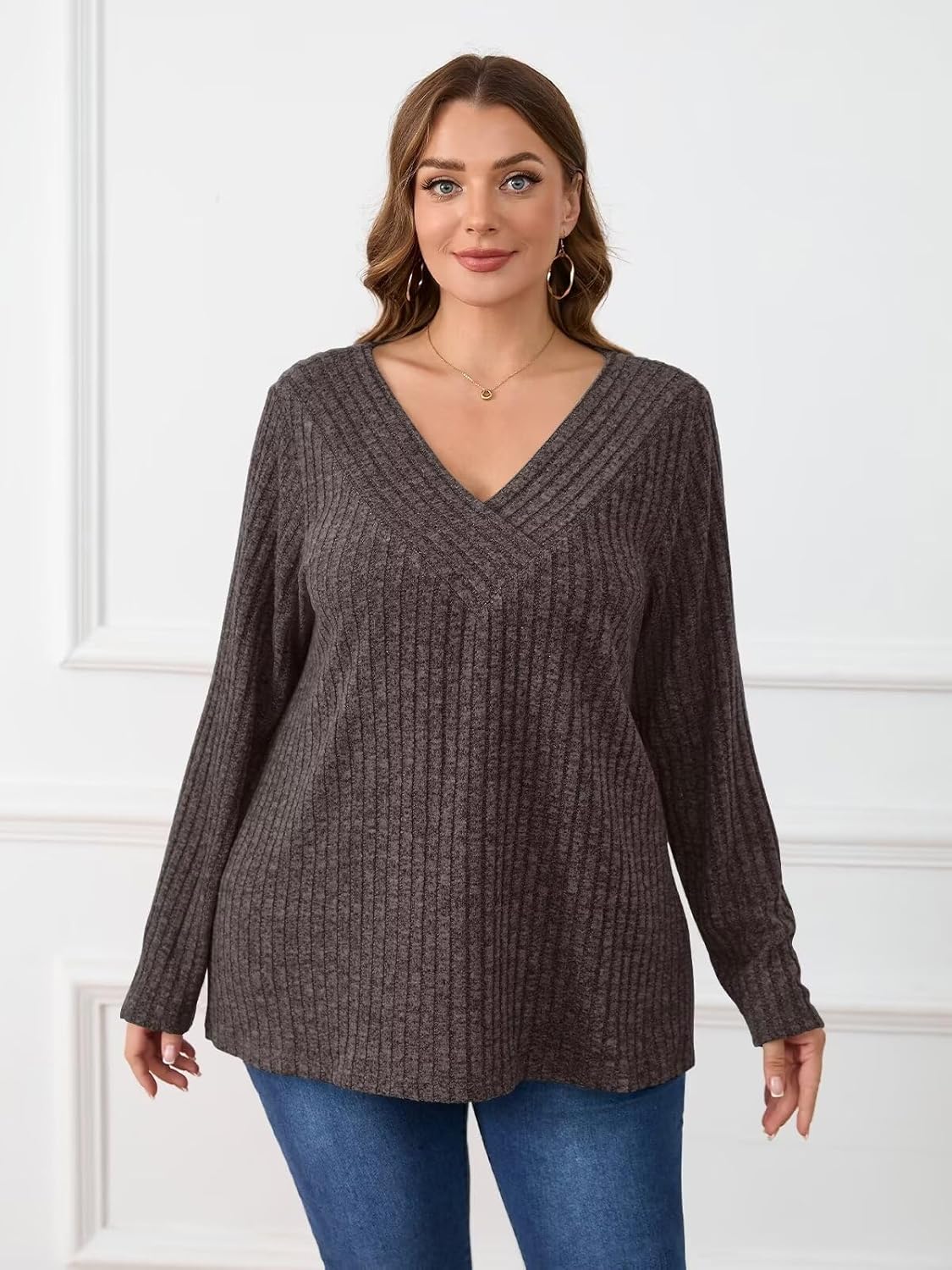 BELAROI Plus Size Tops for Women Fall Casual Tunic Shirts Lightweight V Neck Pullover Long Sleeve Blouse - Image 2