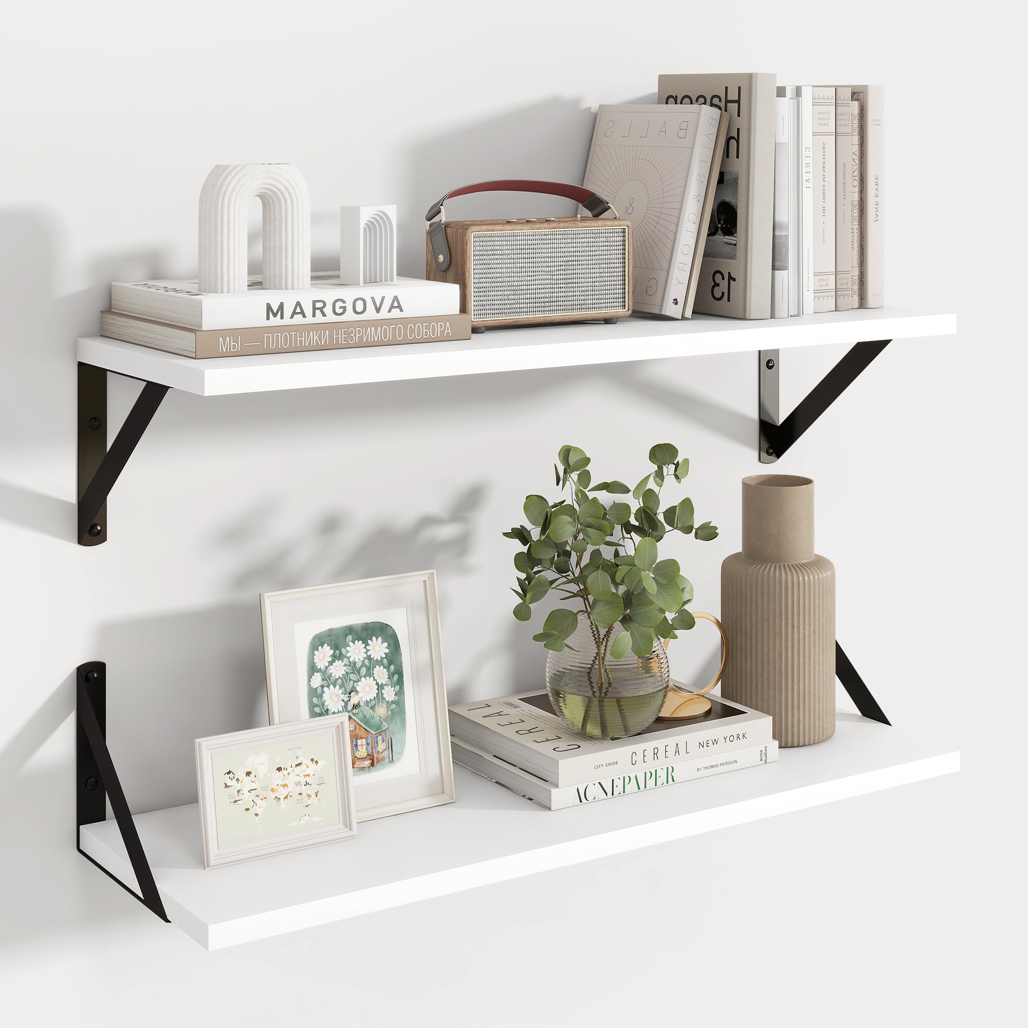 axeman white floating shelves for wall 24 inch | 8 inch deep wood floating shelves set of 2 | 24w x 8d rustic wall shelves for bathroom kitchen living room | bookshelf display shelves