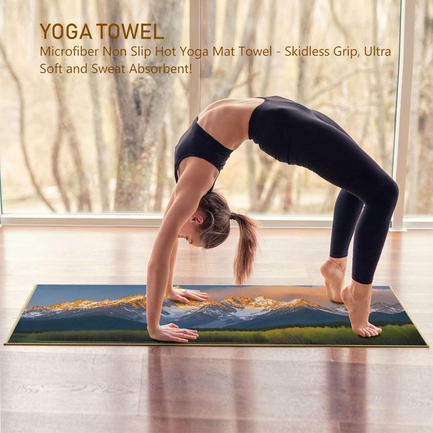Yoga Mat Towel with Silicone Grip Dot Landscape Moutain River – 73"x27" Non-Slip Sweat Absorbent Microfiber Yoga Towel for Home Gym Studio