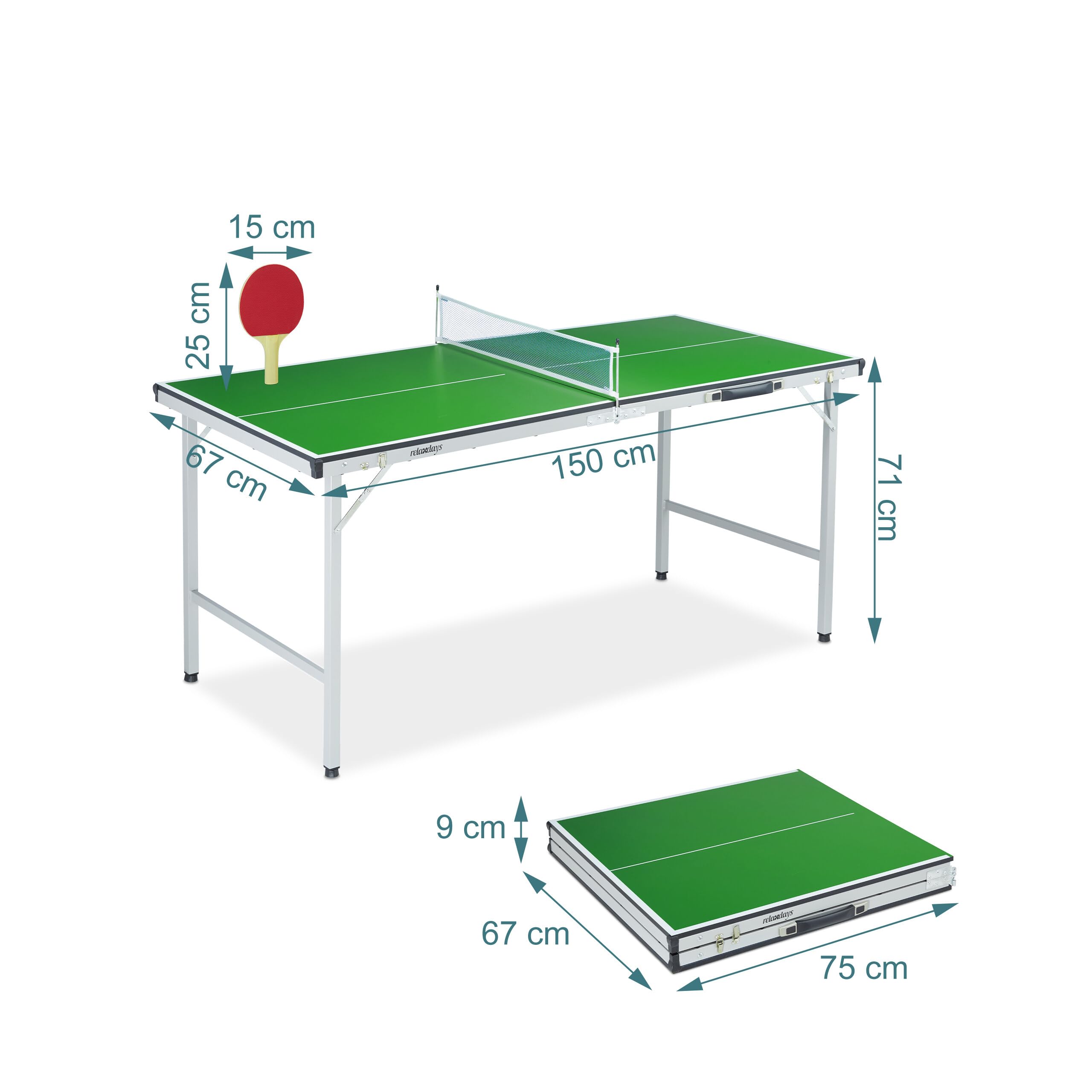 Relaxdays Table de ping-Pong Pliante avec Filet, 2 Raquettes, 3 balles, 71x150x67 cm, Vert