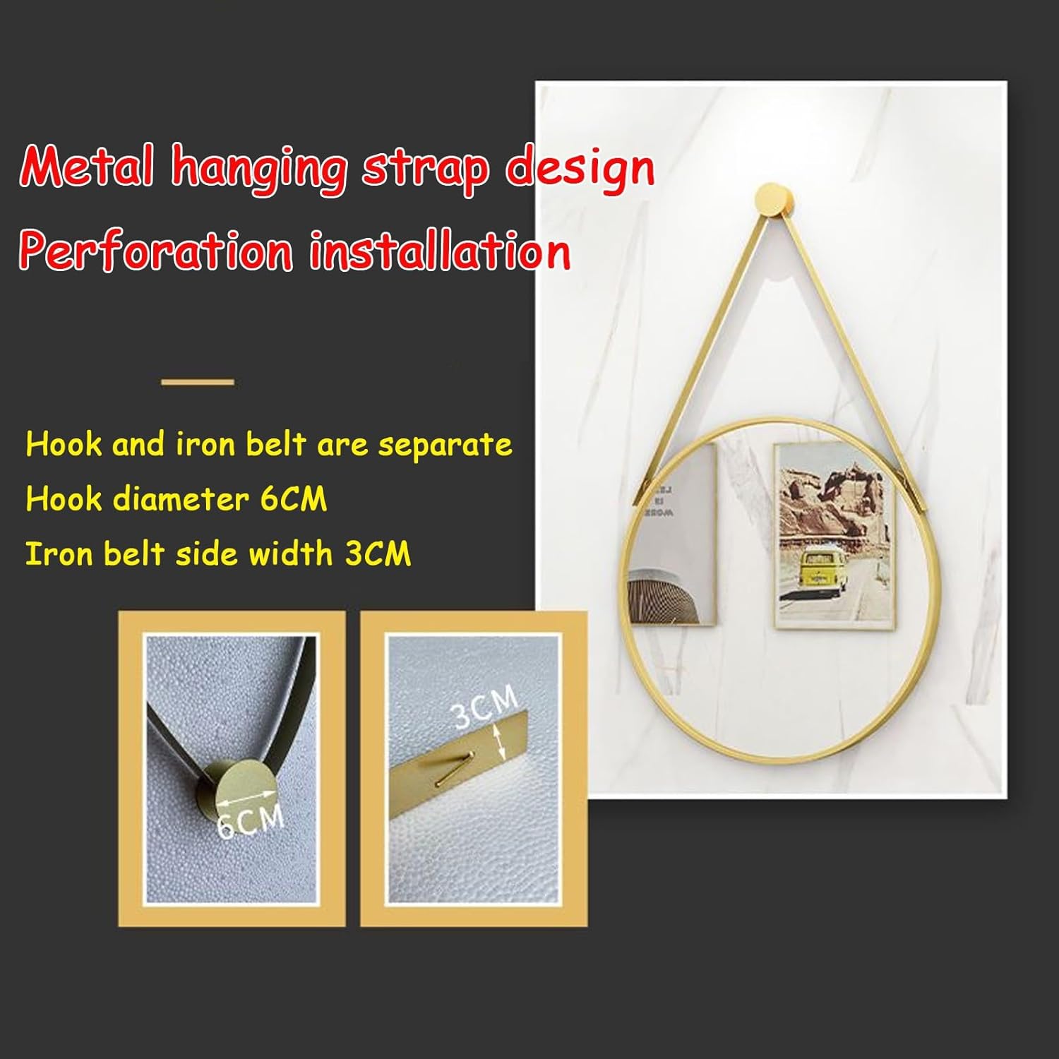 40/50/60/70cm ラウンドバスルームミラー フレーム付き 壁掛けランヤード 装飾ミラー 化粧品 安全防爆 (ネロ,50cm