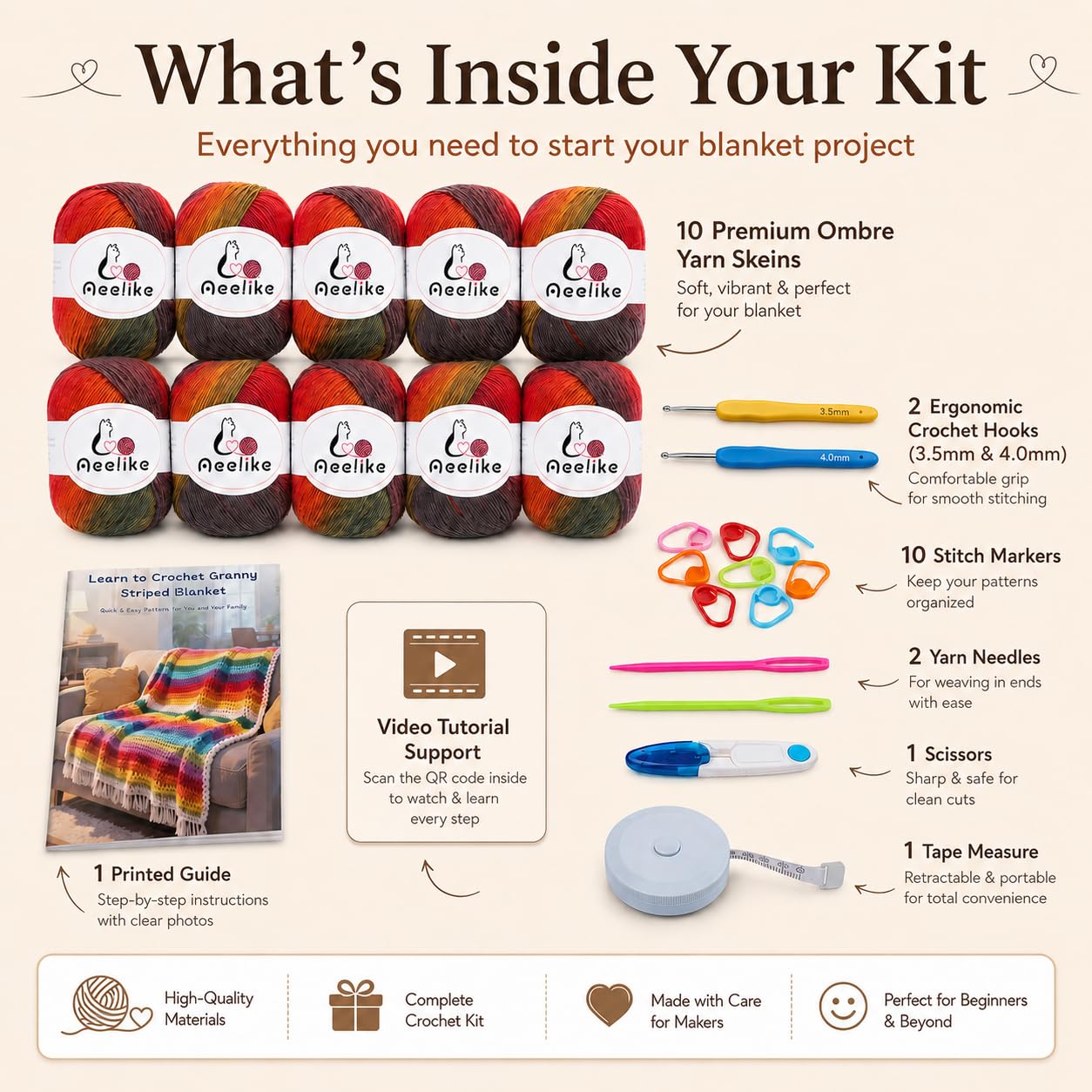 Aeelike Kit de ganchillo para principiantes, manta arcoíris degradado, kit completo de ganchillo para principiantes con hilo de lana suficiente y cálido, tutoriales de videos, kits de tejer fáciles