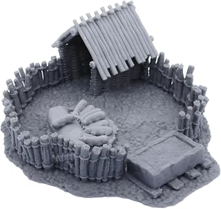 Miniature Terrain Pig Pen with Mother Pig and Piglets for Farm Village, Fantasy Tabletop Wargame and 28mm-32mm RPG Rural Scenery Props