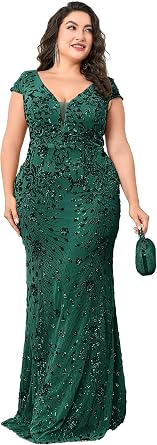 Plus Size Womens Sequined Long Evening Gown Glamous Sleeveless V-Neck Mermaid Prom Dress for Wedding Party
