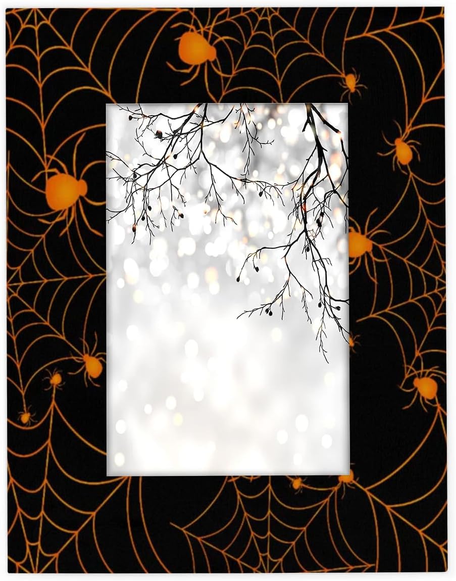Tavisto Halloween Themed 5x7 Picture Frame Spooky Spider Web Wooden Photo Frames for Tabletop Display Wall Mounting Fits 5x7 Pictures Home Office Decor