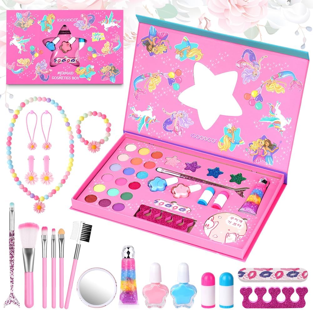 Zeemeermin Kids Make-upsets voor meisjes, 42 stuks wasbare make-upset voor kinderen met 6 borstels, niet-giftige cosmetische schoonheidsset, cadeau voor kinderen, prinses fantasiespellen,