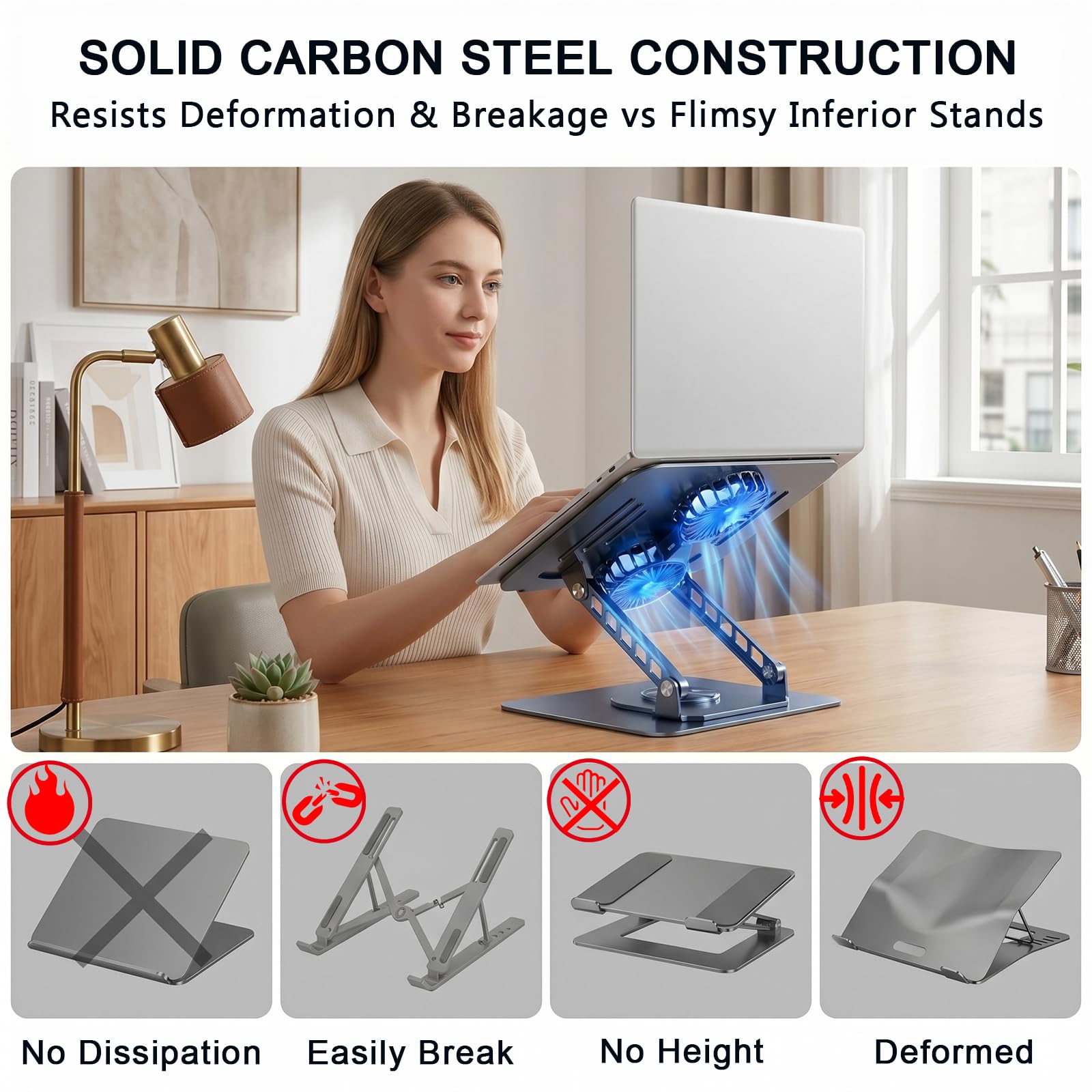 Soporte para portátil con ventilador de refrigeración, base giratoria de 360°, elevador de aluminio para laptop, soporte ergonómico plegable para computadora, altura ajustable y todos los