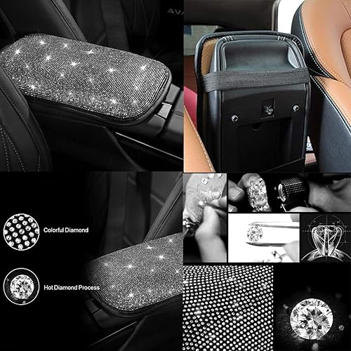 Miniatura 5 de Juego de 3 accesorios brillantes para el interior del automóvil para mujer, 2 pares de fundas de asiento delantero con reposabrazos y funda para