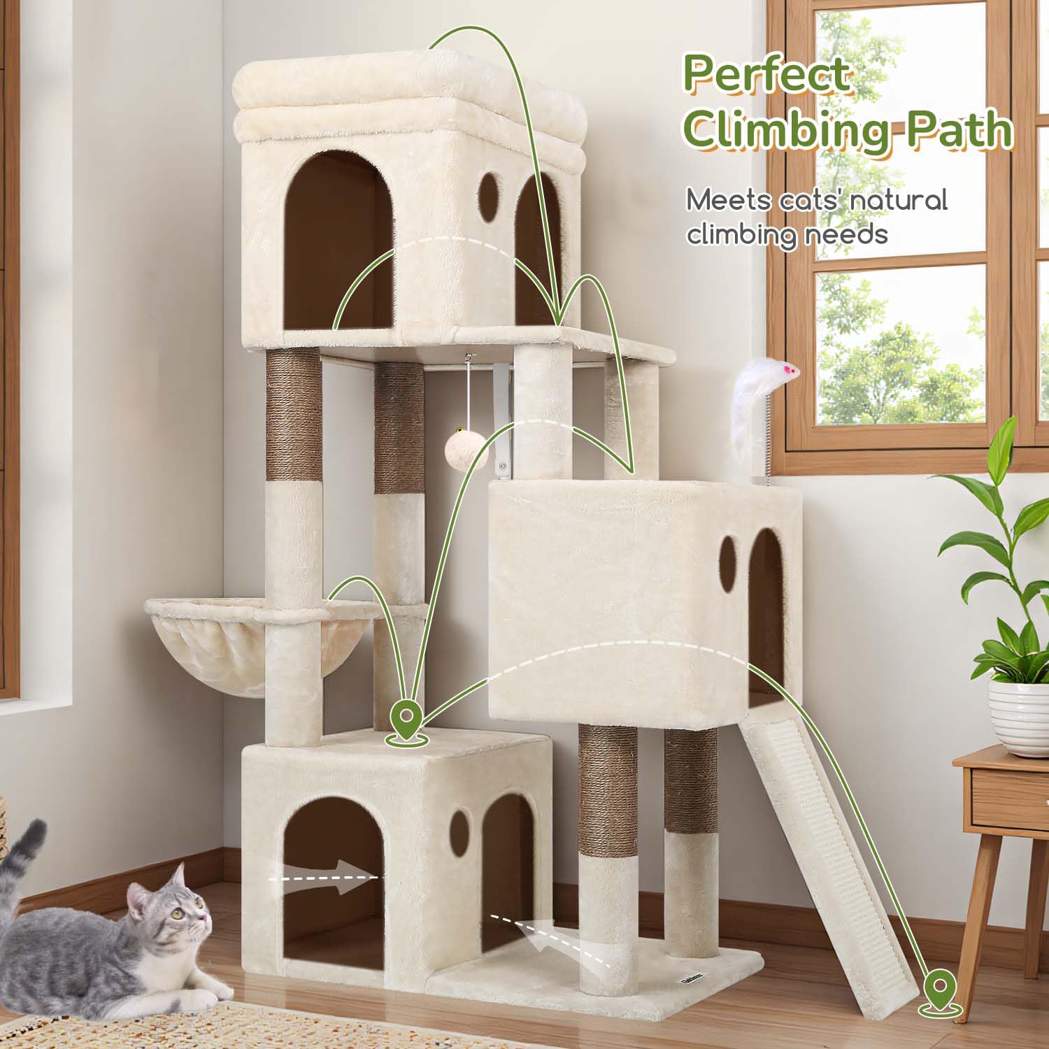 Globlazer Árbol Rascador Beige para 2-4 Gatos con 3 Grandi Nidos 40 * 33 * 35cm, Plataformas, Tabla Rascar Sisal, Cesta, Juguetes, Estable Torre Rascador Alto 133 cm para Gatos Grandes (F52B, Beige)