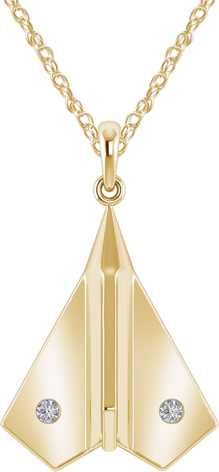 925 Sterling Silver 1/20 Carat (ctw) Round Cut Natural White Diamond Paper Airplane Pendant Necklace Along With 18" Chain (Color : G-H, Clarity: I2-I3, 0.05 cttw)