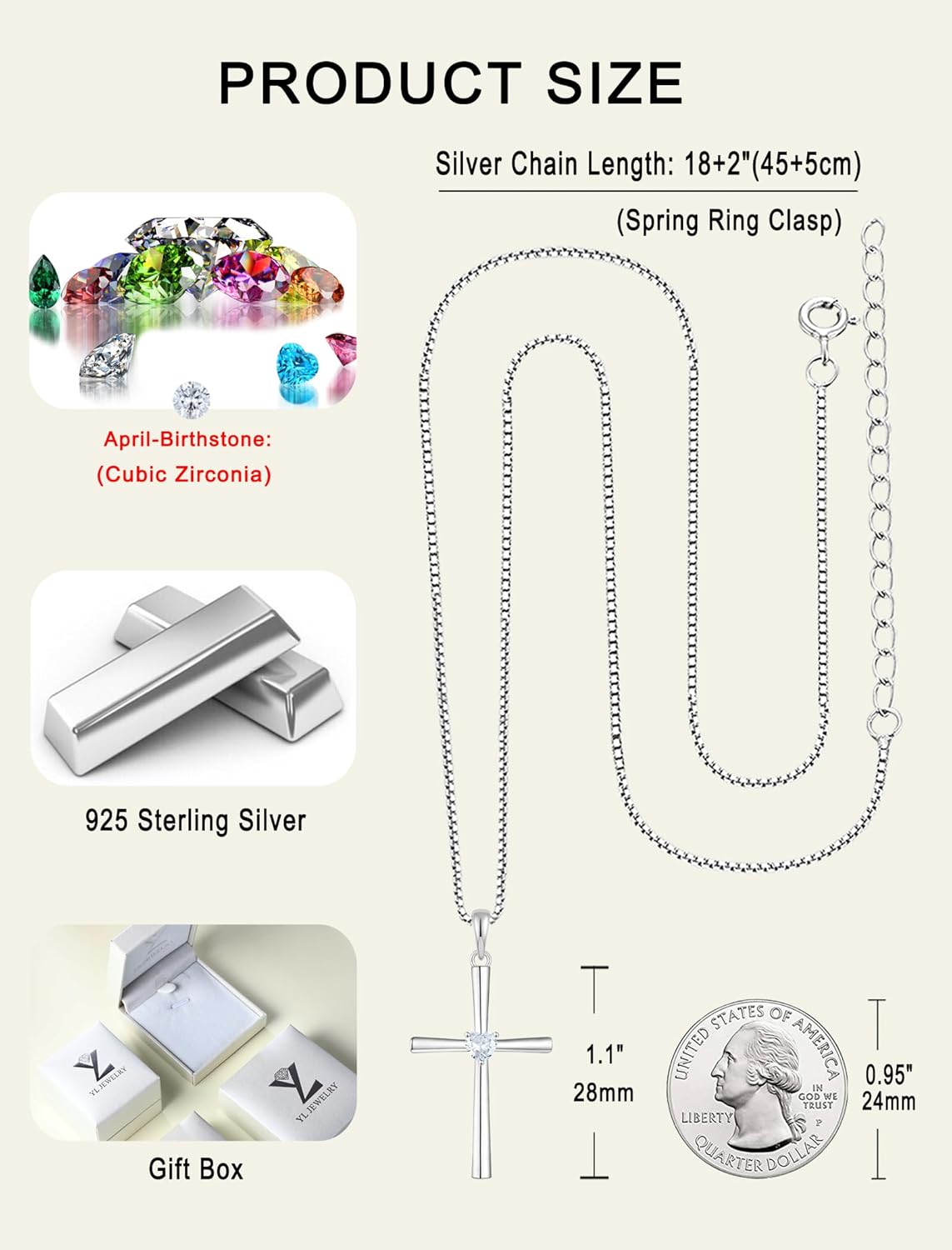 YL Women's Cross Necklace 925 Sterling Silver Crucifix Pendant Heart Cut Birthstone Criss Jewelry - Image 6