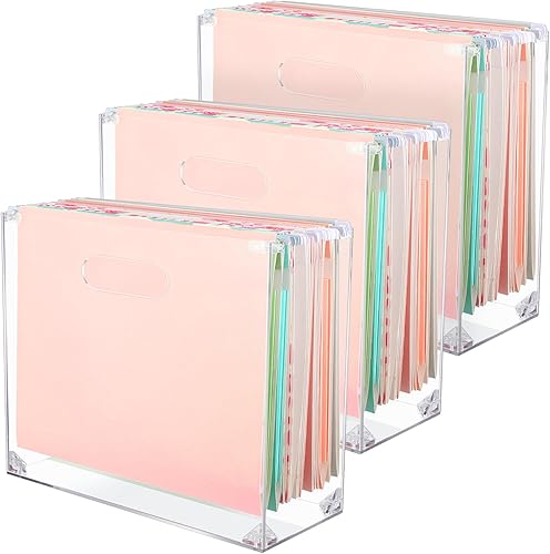 Sintuff Caja de archivos transparente de 3 piezas, organizador de archivos de acrílico delgado con asa, soporte de archivo colgante pequeño de