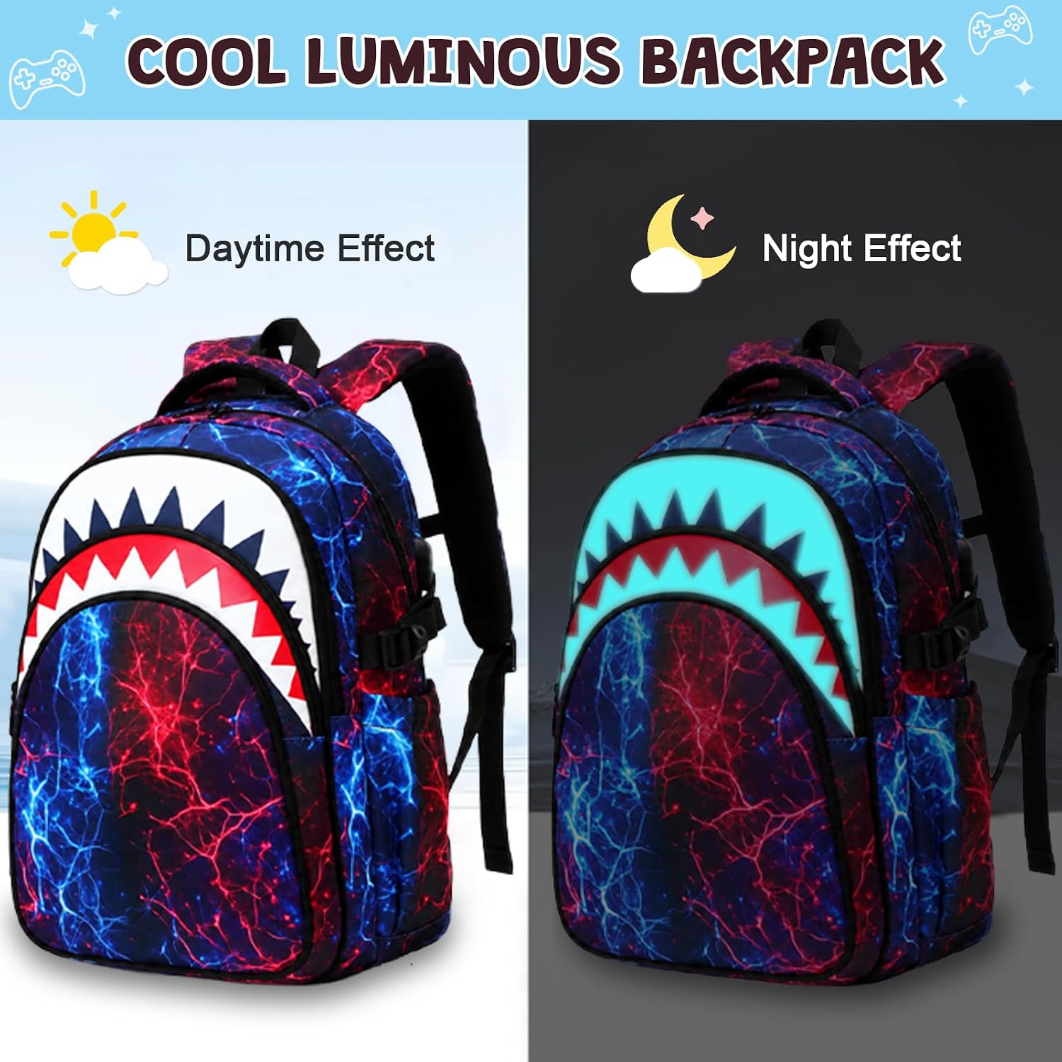 Jafeton 4PCS Backpack for Boys - Cool Luminous Boys Backpack with Sling Bag, Lunch Box & Pen Case - School Bags for Kids Teens Elementary Middle Schools, Bookbag Glow In The Dark(Red Lightning)