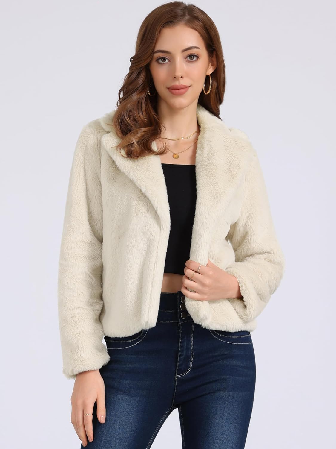 Seta T Women's Cropped Faux Fur Coat Fashion Winter Open Front Jacket Notch Lapel Long Sleeve Fluffy Coat - Image 5