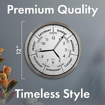 Time & Day of The Week Wall Clock with 12 Modern Aluminum Frame Ideal Retirement Gift for Men and Women, Day Clock for Seniors and Retirees