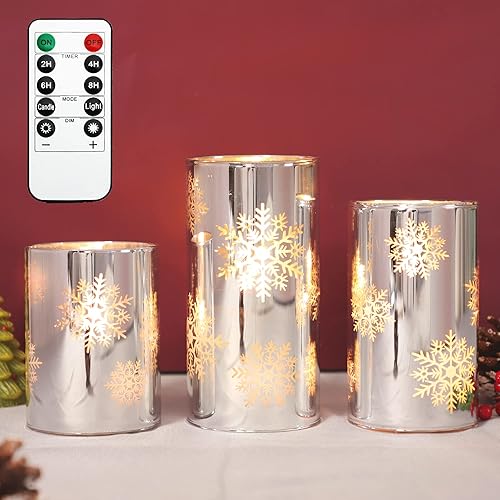 Velas sin llama con control remoto, velas LED parpadeantes de Navidad, cristal de vela de copo de nieve, funciona con pilas, decoración de regalo de
