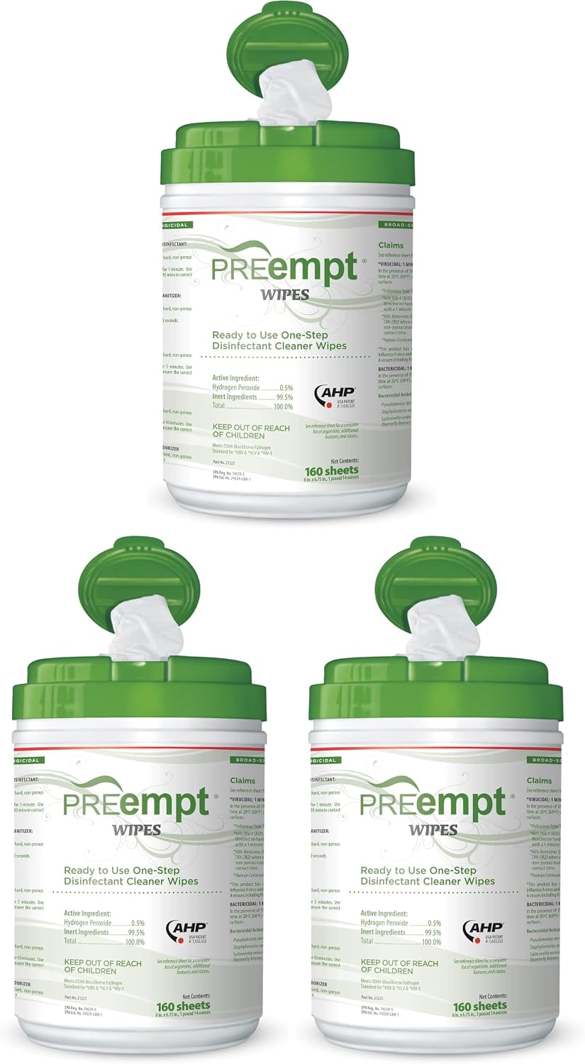 PreEmpt Wipes, 160 Count, Hospital Grade One-Step Surface Cleaner, and Disinfectant (Pack of 3)