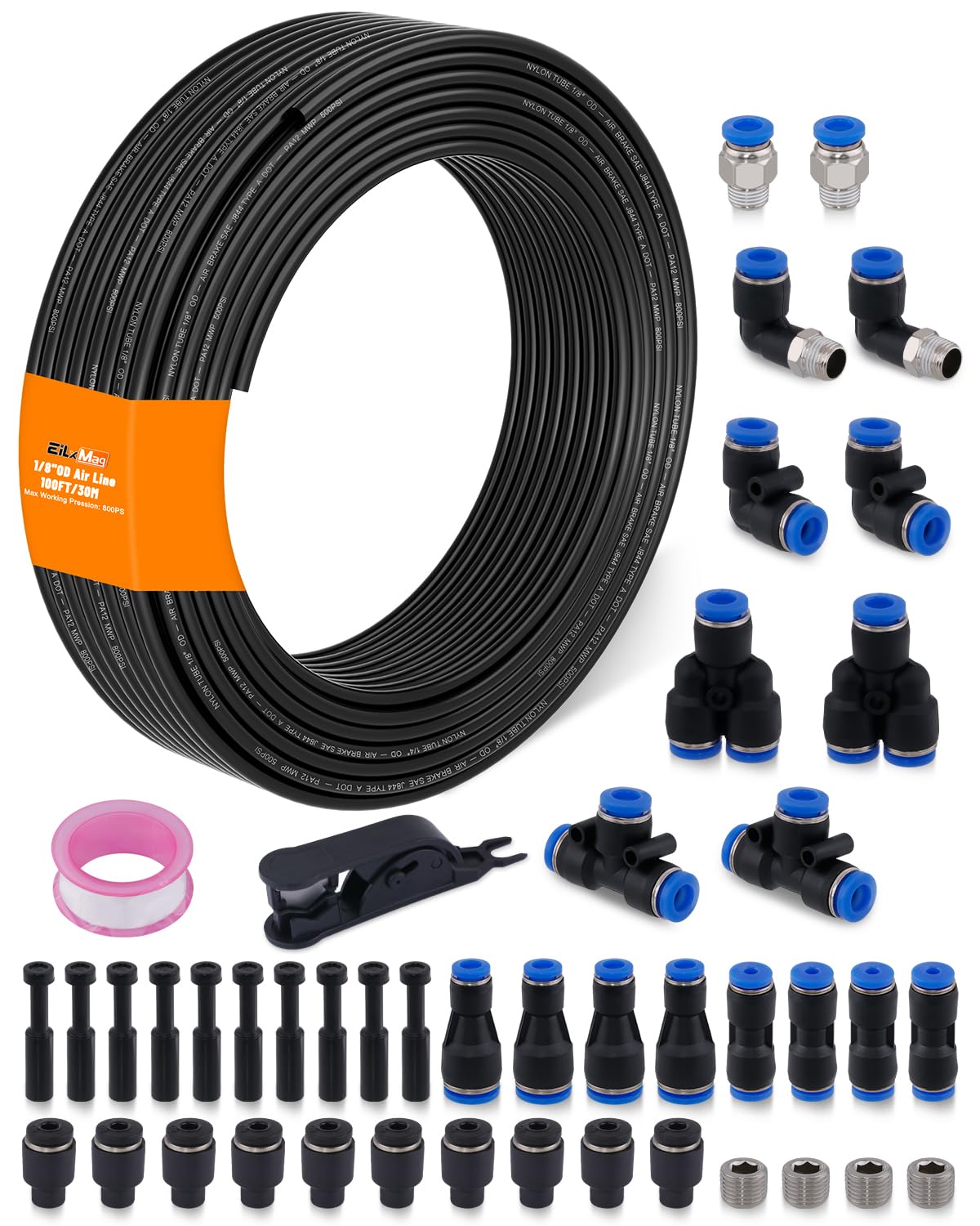 1/8" Air Line Tubing Kit, 100FT SAE J844 PA Nylon Air Hose Tubing