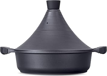 Tagine Cooking Pot | 28cm / 4.1 L | Large Casserole Dish | Nonstick Chemical Free Coating | Compatible with all Hobs | Traditional Moroccan Tender Slow Cook Tajin Pan Black