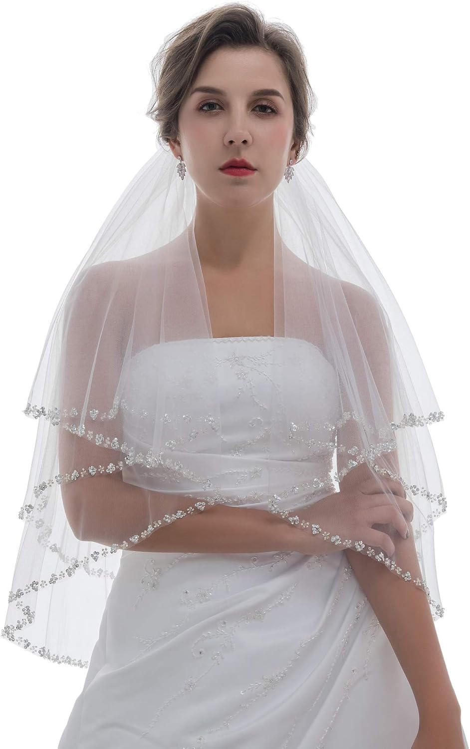 SAMKY 2T 2 Tier Pearls Silver Beaded Bridal Wedding Veil