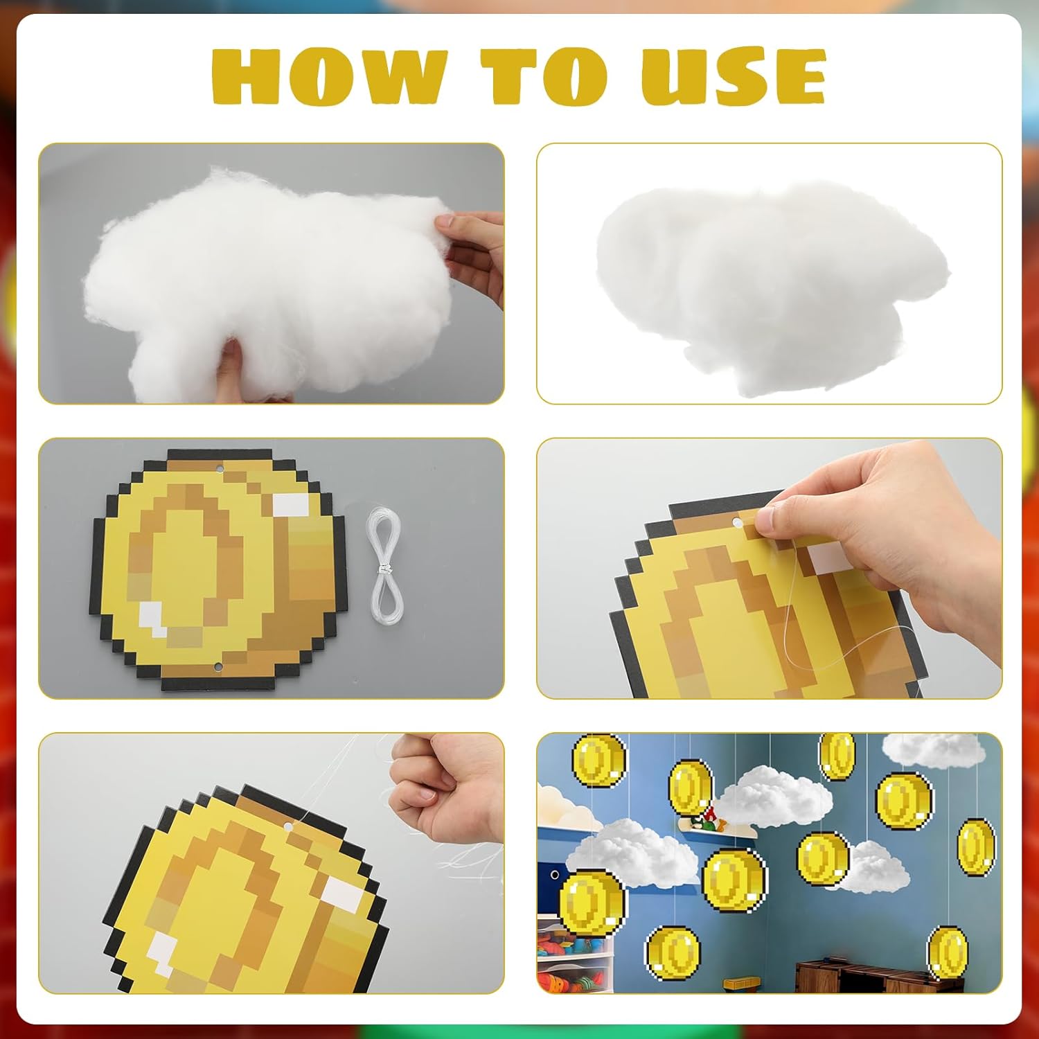 Epakh 24 Pcs Super Brothers Party Decorations Gold Coin Hanging Banner with 3D Cloud Birthday Party Decoration Video Game Theme Banners Garland for Birthday Favors Super Game Room Home Supplies