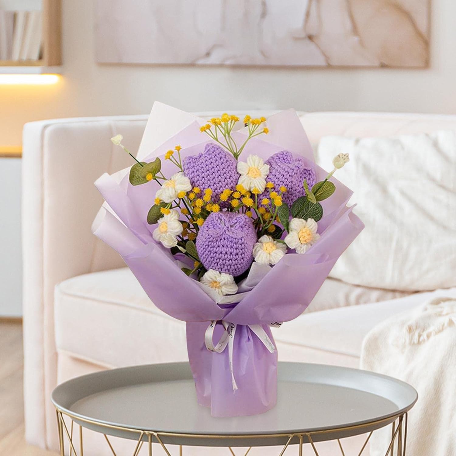 Gralara Crochet Flower Bouquet Artificial Flowers Handmade Tulips Faux Flowers Knitted Flowers for Festival Wedding Spring Anniversary Thanksgiving, Violet