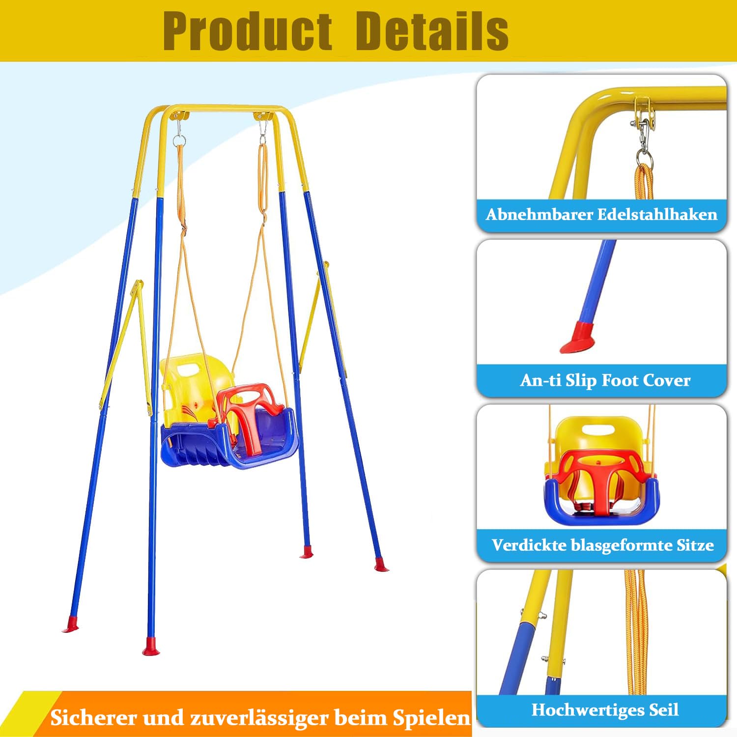 3 in 1 Babyschaukel Outdoor Indoor, Kinderschaukel mit Sicherheitsgurt für Drinnen & Draußen, Zusammenklappbarer Metallständer & Klare Anleitung, Einfach zu Montieren
