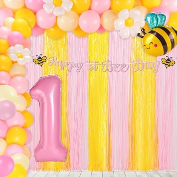 56pcs Happy 1st Bee Day Decorations Bumble Honeybee First Birthday Party Decorations Fun to Bee One Decoration with Number 1 Daisy Balloon, Banner, Party Backdrop for Boys Girls Newborn Baby Shower