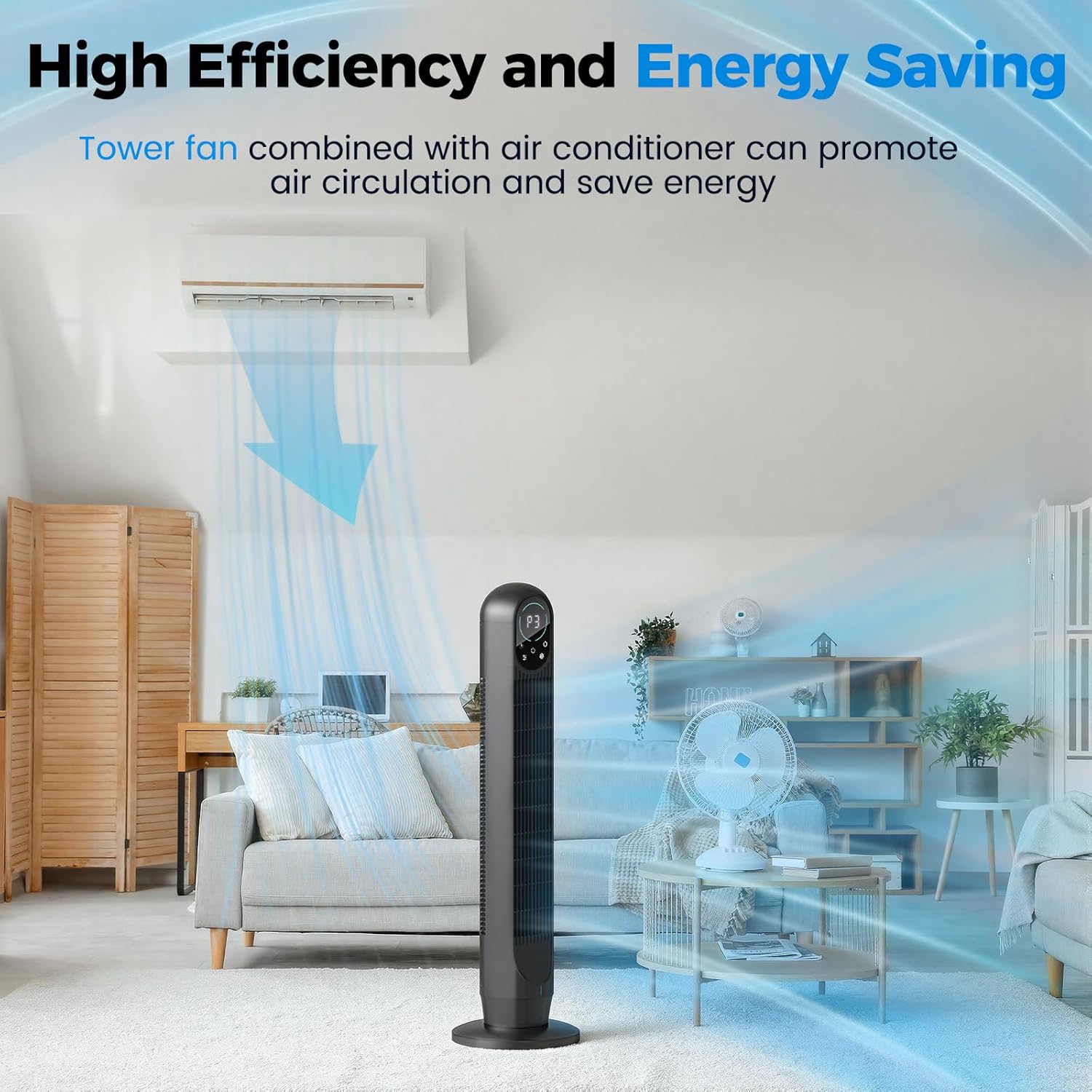 Tower Fan with Remote, 31" Bladeless Floor Fans for Home, 4 Modes & 4 Speeds, 12H Timer, LED Display, 80° Oscillating Wide Cooling for Bedroom, Office