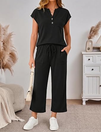 2 Piece Lounge Sets for Women 2026 Spring Matching Sets Henley Top Wide Leg Crop Pants Casual Vacation Outfits