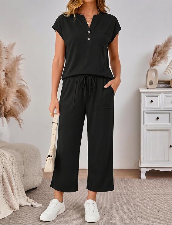 2 Piece Lounge Sets for Women 2026 Spring Matching Sets Henley Top Wide Leg Crop Pants Casual Vacation Outfits