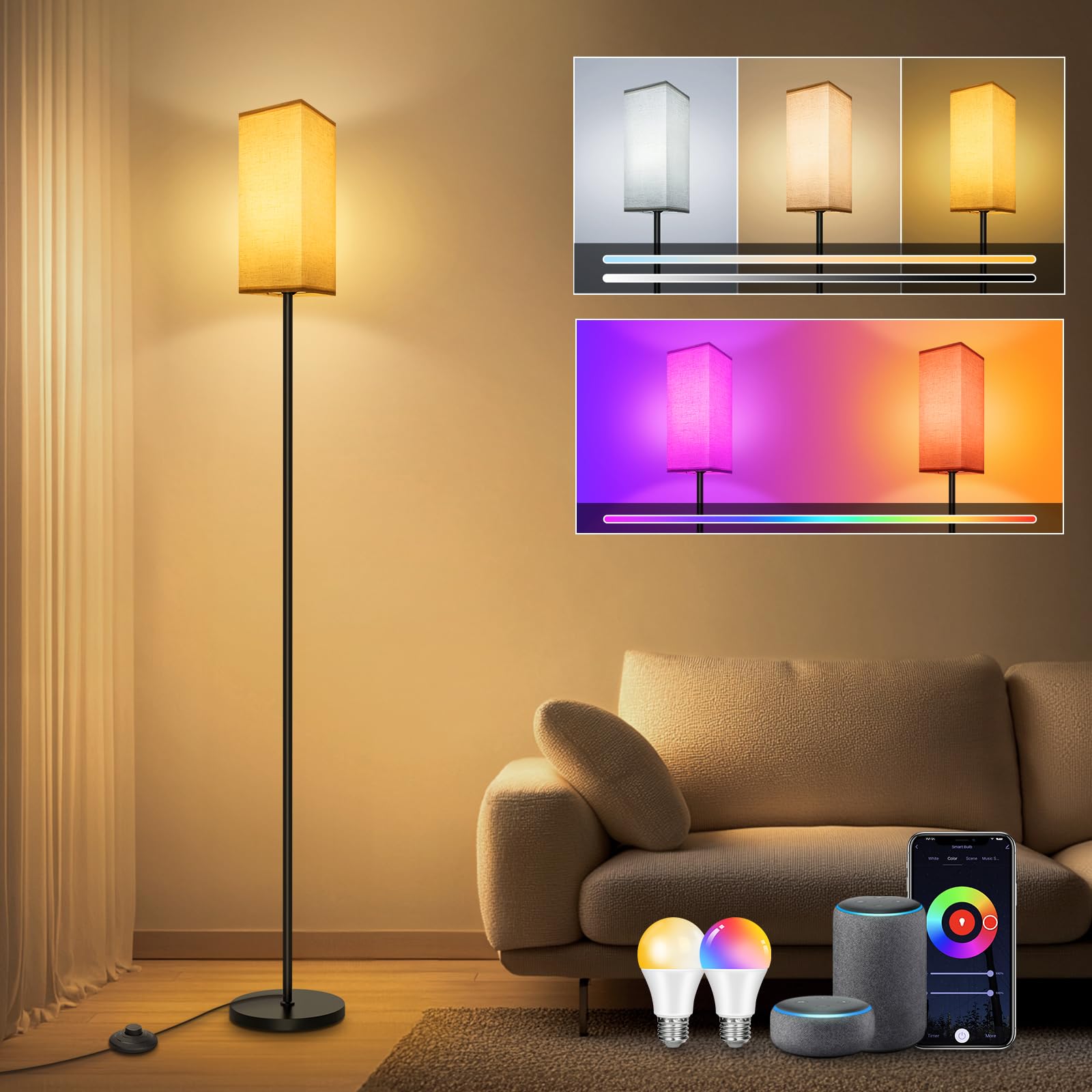 HANDSONIC LED Stehlampe,WIFI RGBCW Stehlampe Wohnzimmer,9W E27 Dimmbar,Stehleuchte mit APP,Arbeiten Sie mit Alexa & Google Assistant,DIY-Modus,Musikmodus & Timing-Funktion (Gelb, Fußschalter)