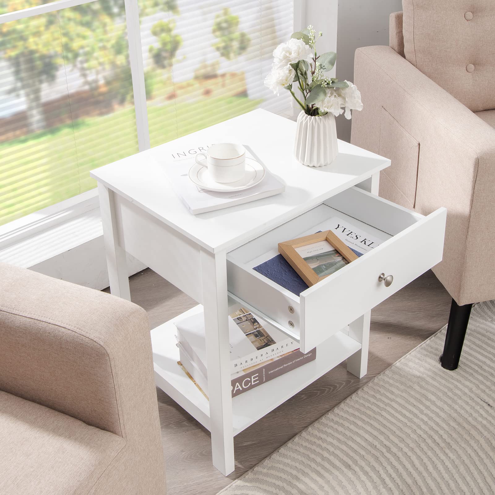 KOMFOTTEU Comodino con cassetto, tavolino in legno, stile moderno, comodino a 2 livelli, con ripiano aperto, per camera da letto, soggiorno, 48 x 40 x 58 cm (bianco x 2)