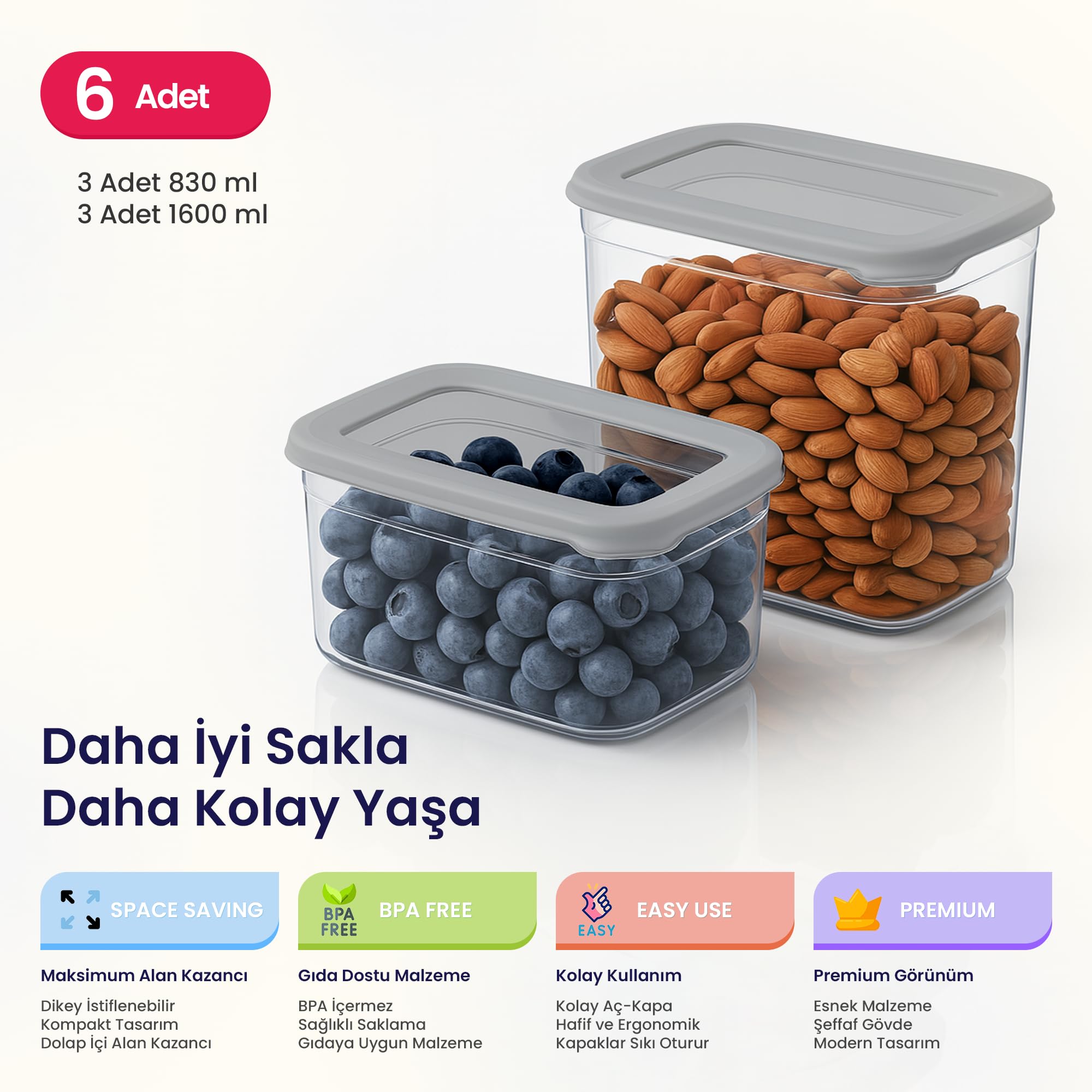 Hobby Life Tower 6’lı Dikdörtgen Saklama Kabı Seti – 2 Farklı Boy, Dikey Tasarım, Kilitli Kapak, BPA İçermez (Gri Kapaklı)