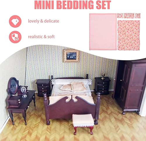 Miniatura 7 de ibasenice Juego de ropa de cama de casa de muñecas, tamaño mini de 1 a 12 escalas, ropa de cama, almohadas de colcha, accesorios completos de
