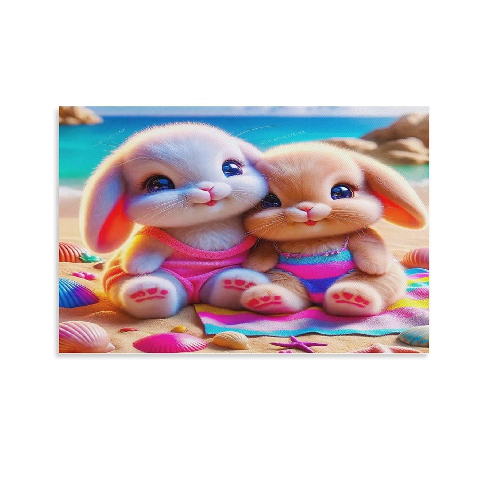 CPLVKWRQJ Cute Bunny Individual Two Bunnies Beach Summer Shells Wall Art Pieces - Office Canvas Print Fade Resistant Wall Focal Art Ready to Hang 20x30inch(50x75cm)