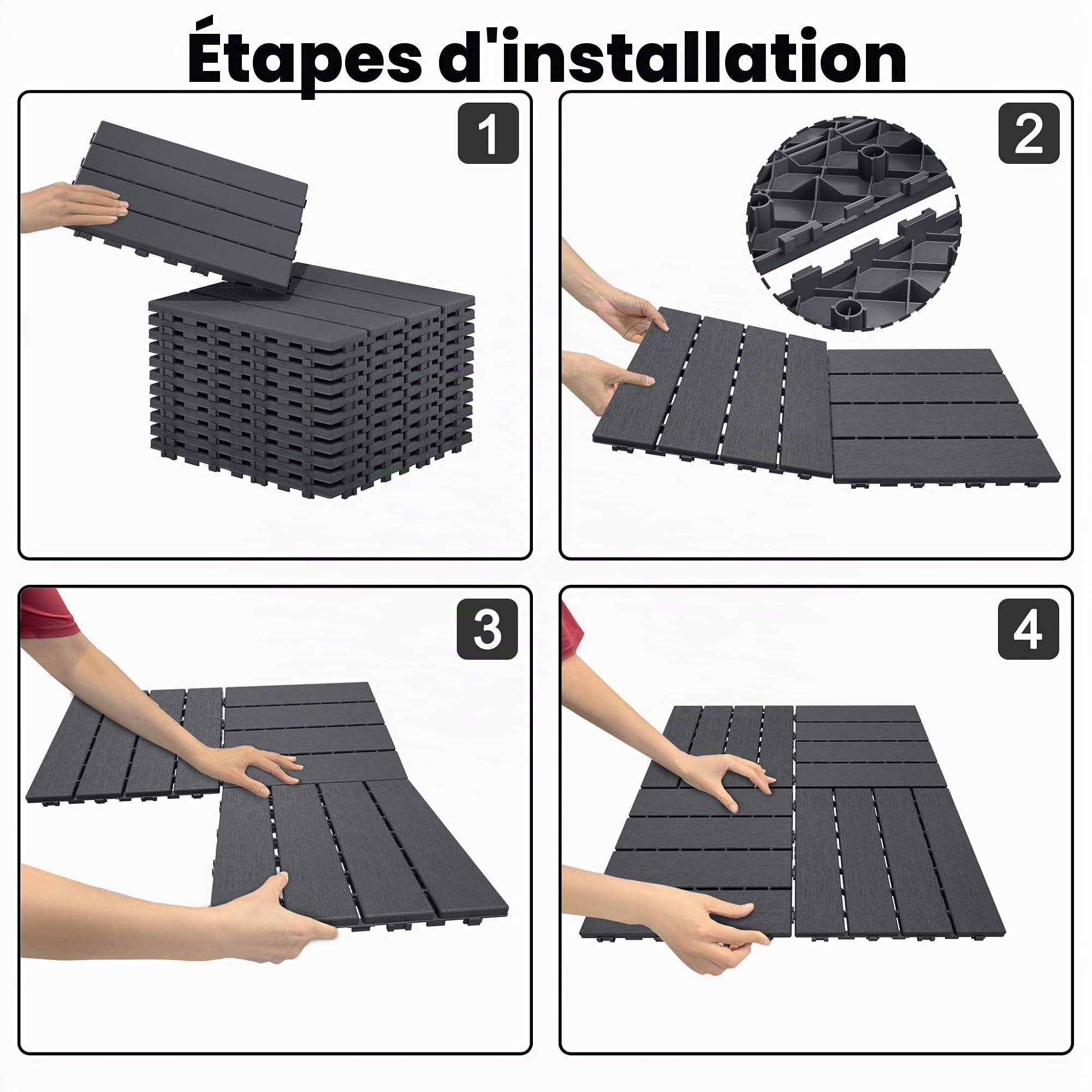 UISEBRT Lot de 44 dalles de terrasse à clipser, avec aspect grain de bois, résistantes aux intempéries, avec fonction de drainage, 30 x 30 cm, anthracite