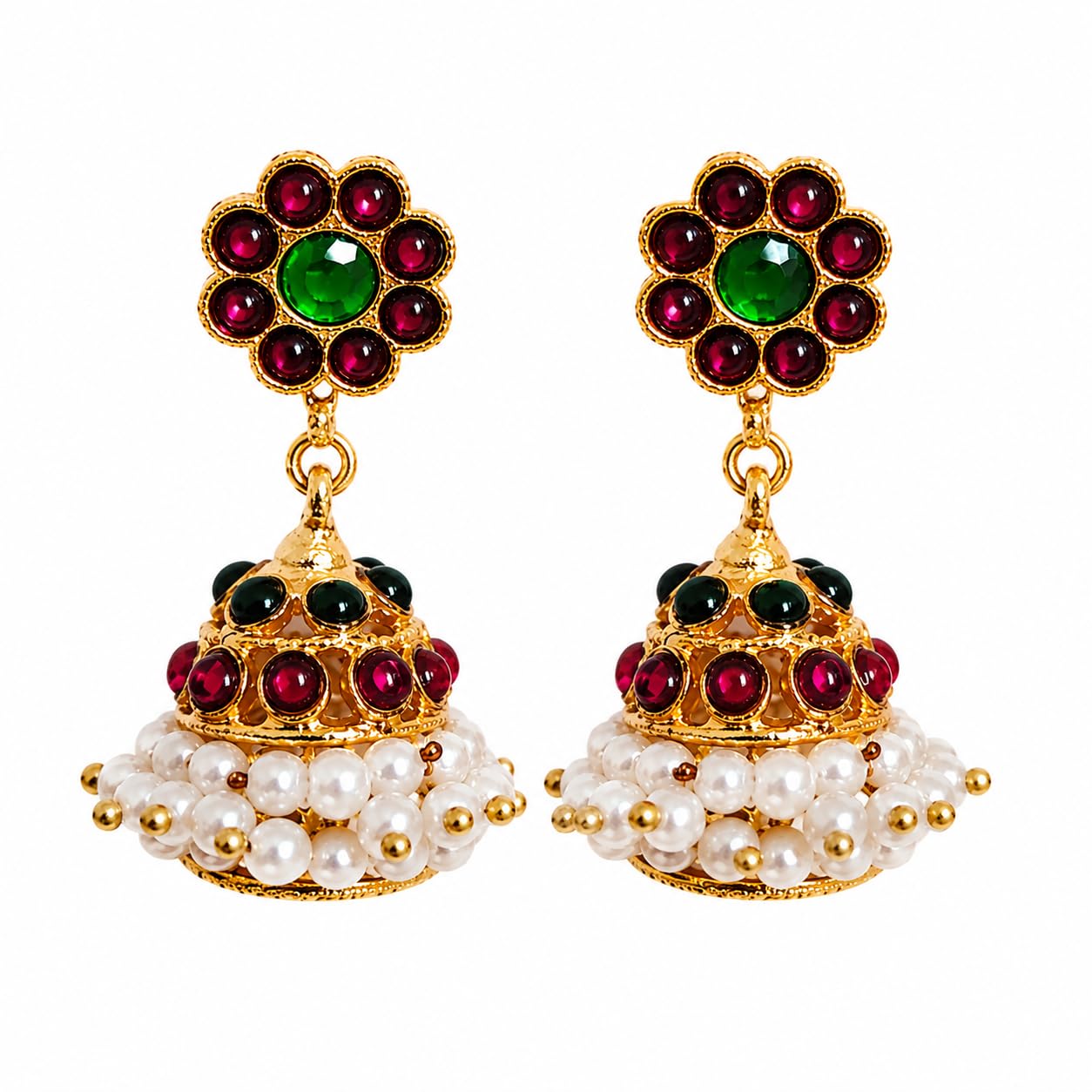 Red and Green kemp Jhumka Earrings for Women | Temple Jewellery Gold Plated Jimikki Kammal | Bharatanatyam & Classical Dance Earrings | South Indian Kemp Pearl Jhumki | Traditional Ethnic Statement | 2 Step Earring-image-14
