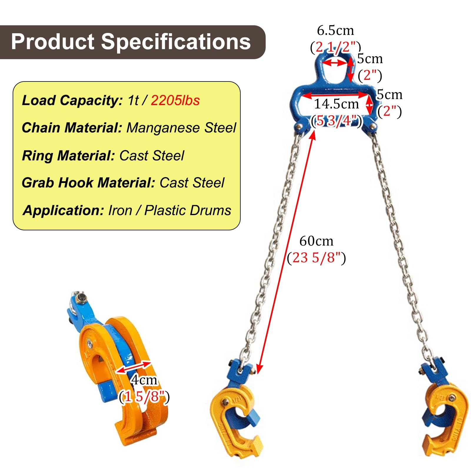 Pinza a Catena per Fusti Pinza di Sollevamento per Fusti con Imbracatura a Catena, Pinza di Sollevamento per Fusti in Metallo/Plastica, Pinza di Sollevamento per Fusti in Acciaio