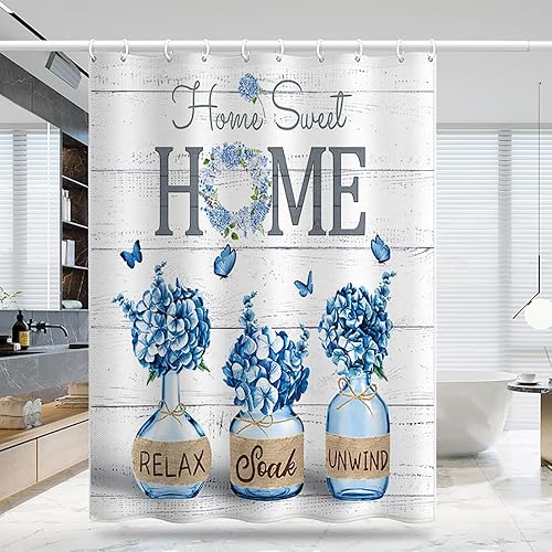 Miniatura 7 de Juego de 4 cortinas de ducha de hortensias azules, juego de baño Home Sweet con alfombras y accesorios, decoración de baño de campo de granja