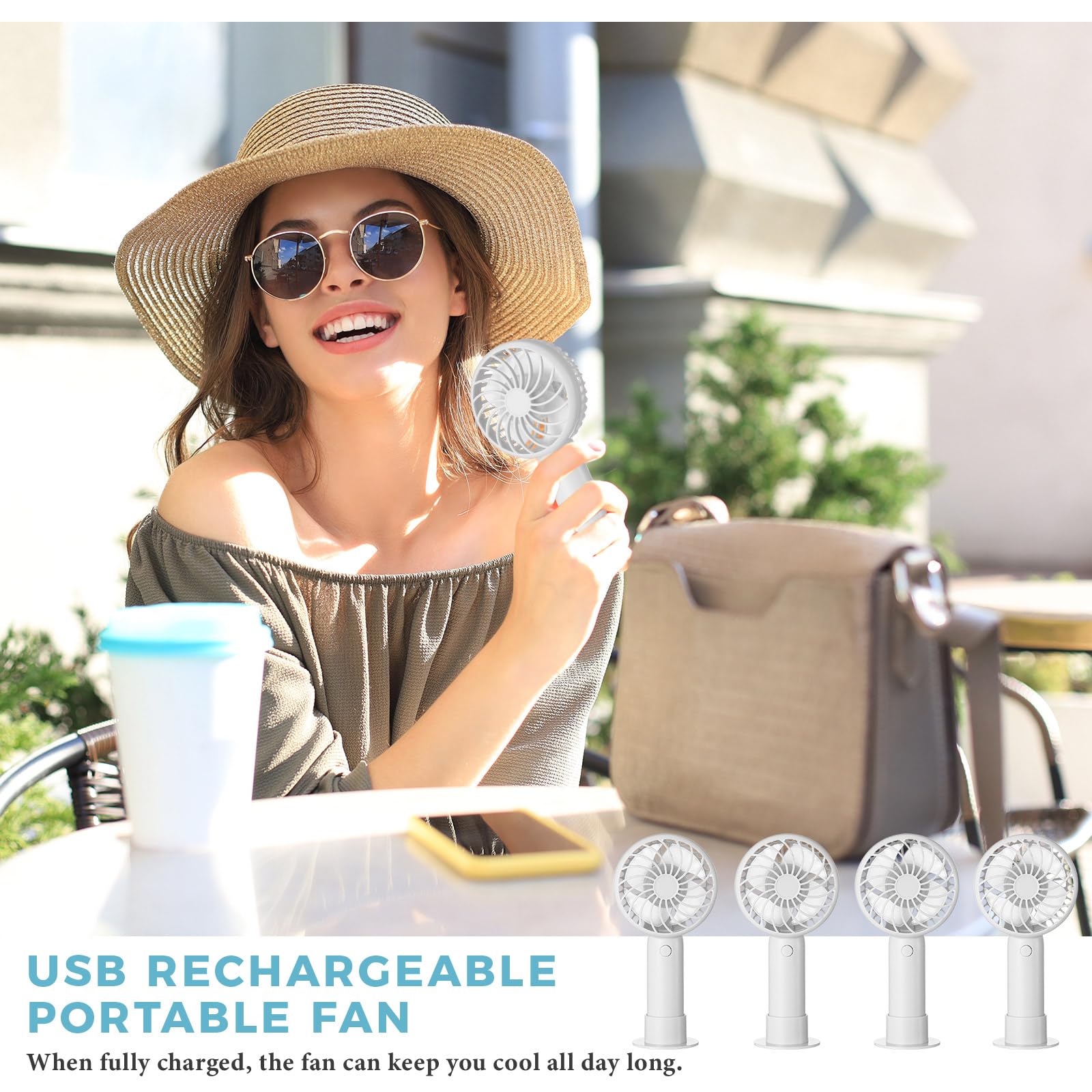 Tujoe Leistungsstarker Mini-Handventilator, 3 Geschwindigkeiten, persönlich, klein, tragbar, wiederaufladbar, mit Sockel, USB, für Frauen, Wimpern, Make-up, Büro, Reisen, Strand, drinnen und draußen