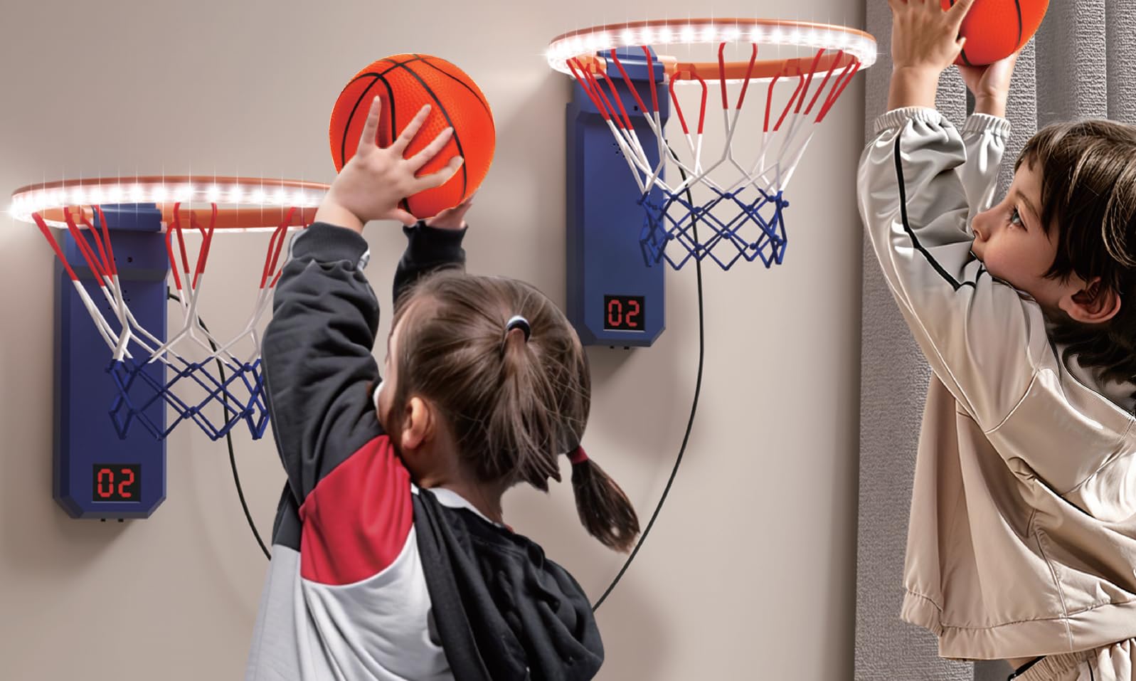 TERRAMUS Indoor Mini Basketball Hoop for Kids 2 PCS Basketball Hoops with LED Scoring & Sound - Image 2