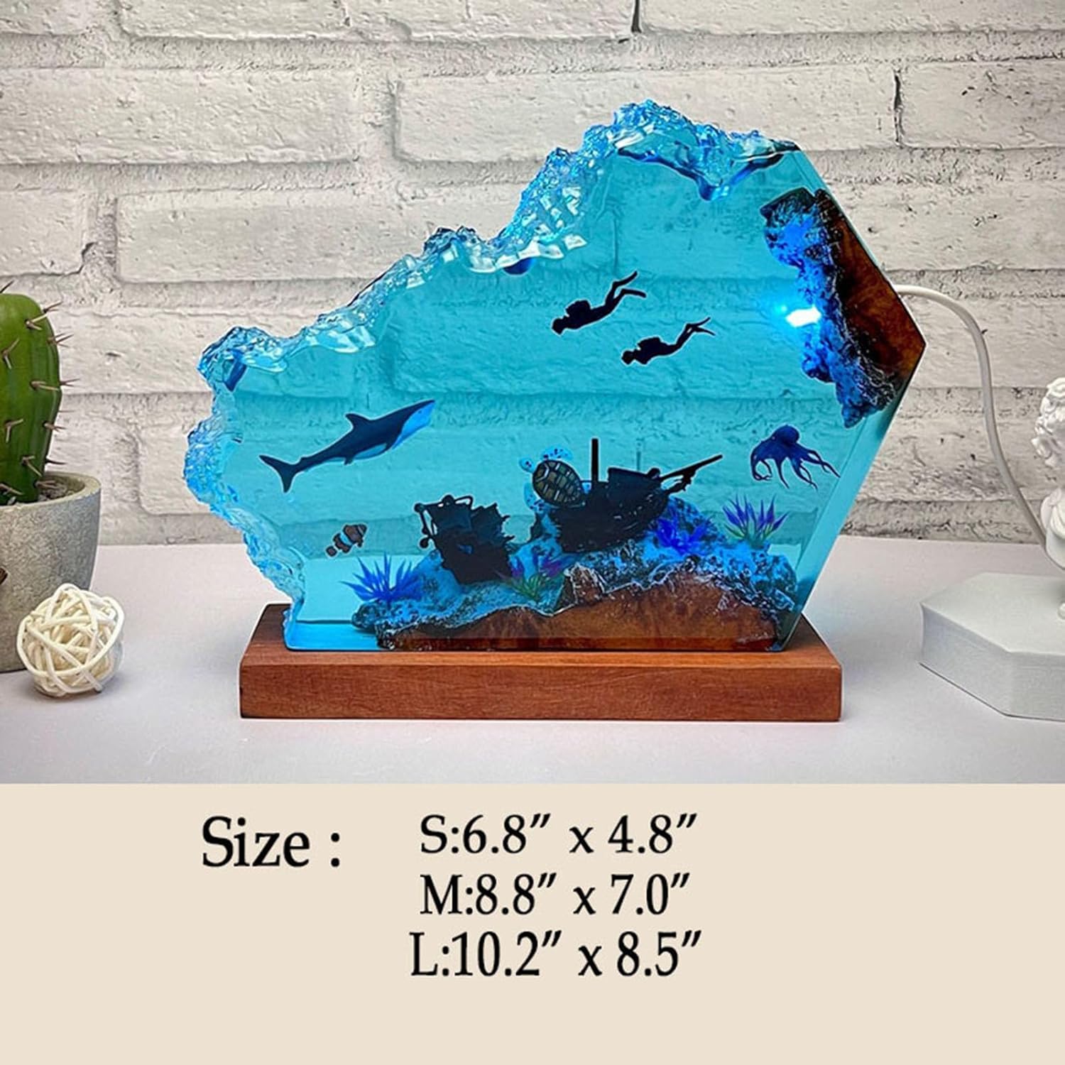 Drawelry Ocean Creative Epoxy Resin Wood Light Lamp, Handmade Wave Shape Deep Aquatic Ocean Lamp Sea Diver Cave Diving Multicolor Led Night Light Decor Birthday Gift for Men Dad (White Shark, M)