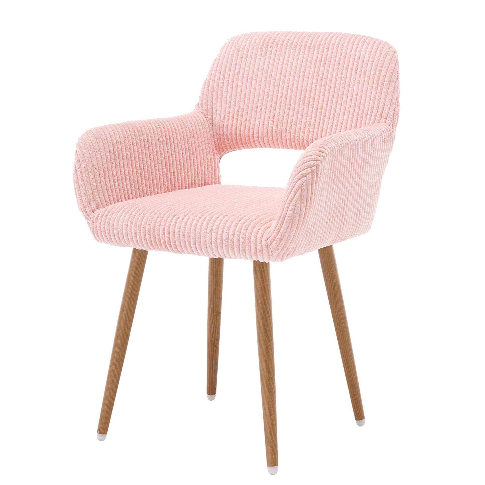 HENJIANYI Home Office Corduroy Desk Chair, Makeup Vanity Chair, Comfy Accent Armchair with Wood Grain Metal Legs, Cute Dining with Hollowed Back, Pink