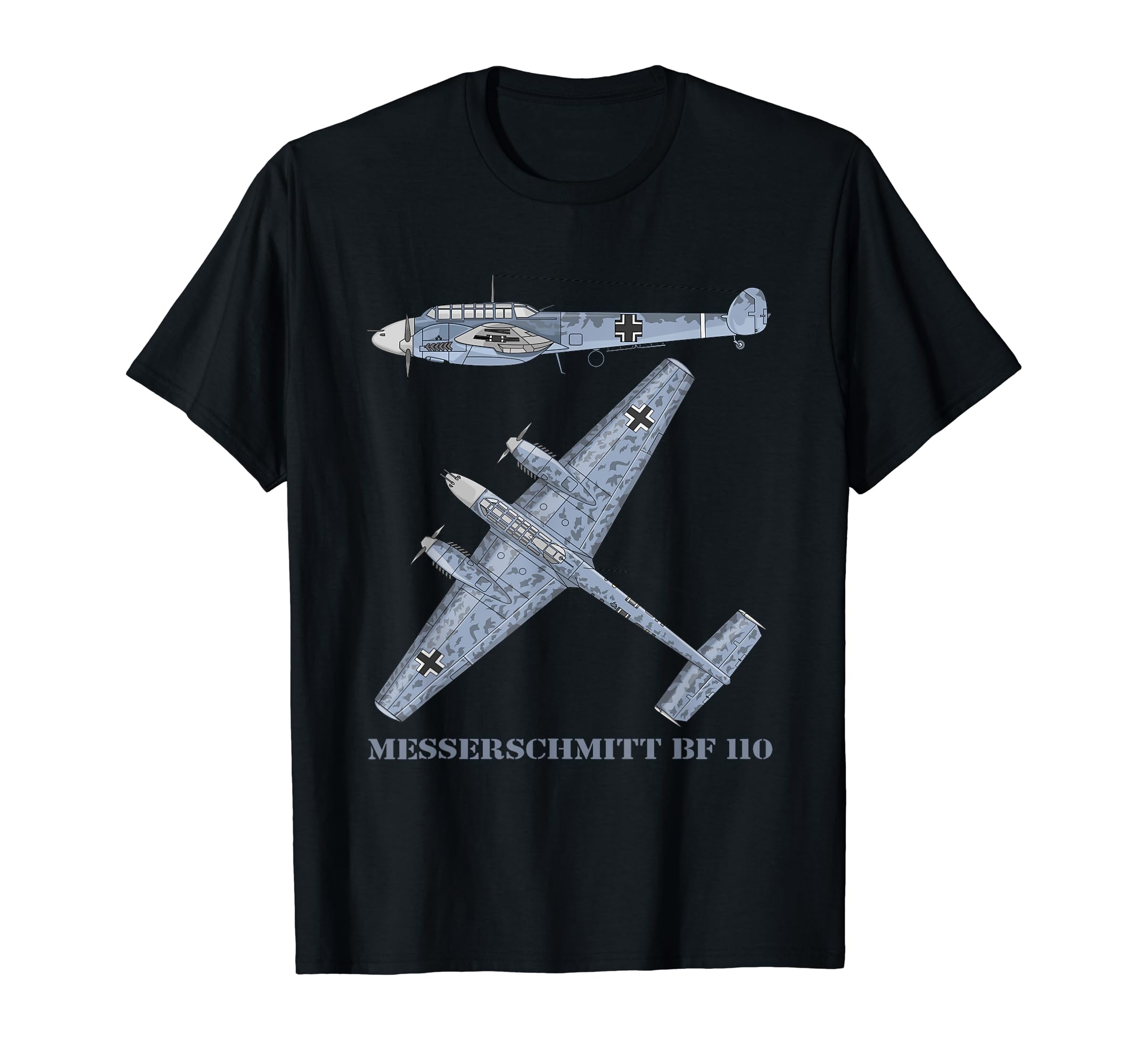 Messerschmitt Bf 110 German WW2 Fighter Bomber Plane Diagram T-Shirt, Black