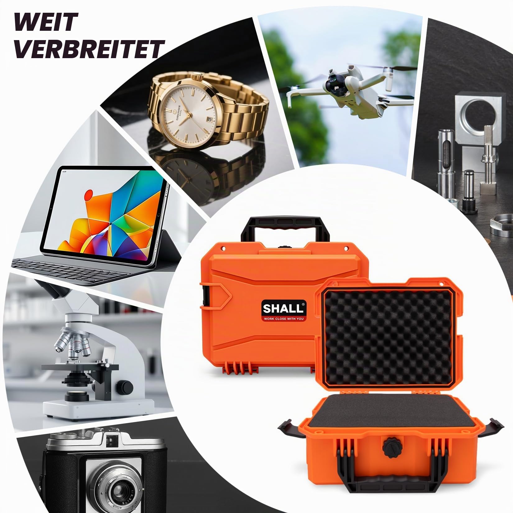 Shall Universal Kamera Koffer L, wasserdicht Staubdicht Schockfest, mit Schaum-Einlagen, für Kamera, Objektiv, Elektronik, Messgeräte, fotokoffer, kamerakoffer, Orange, 35×29×15 cm